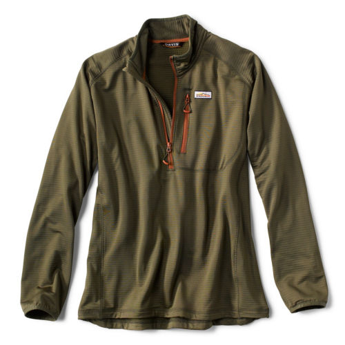 An olive green quarter-zip fleece with contrasting colored zippers