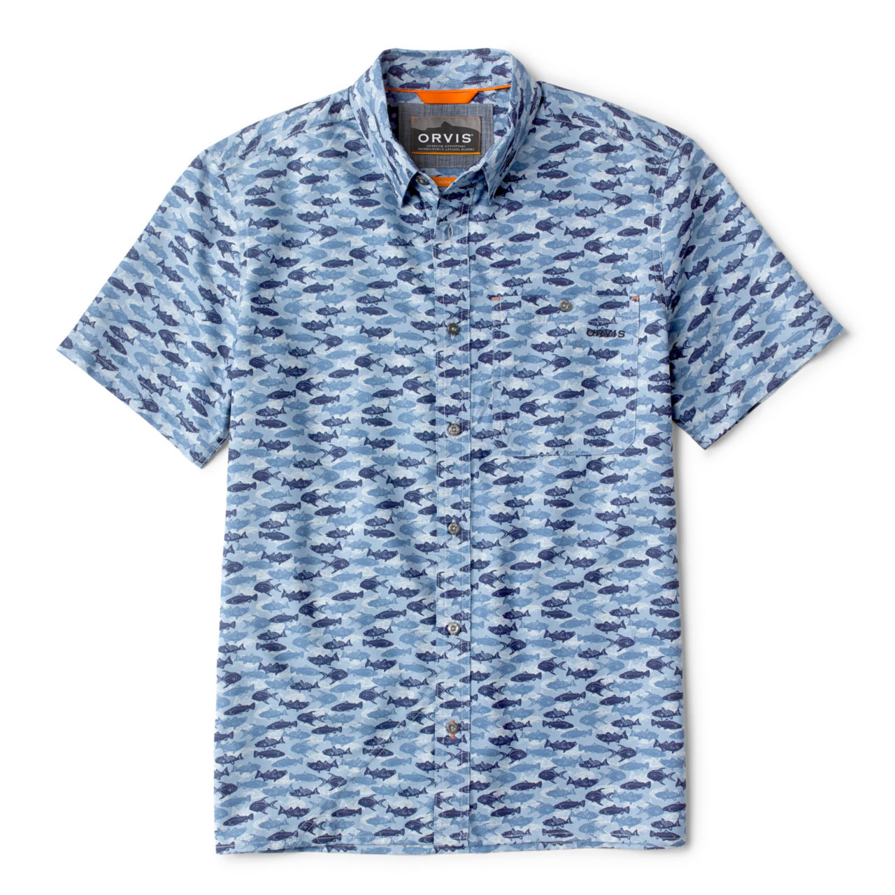Printed Tech Chambray Short-Sleeved Shirt - DUSTY BLUE image number 0