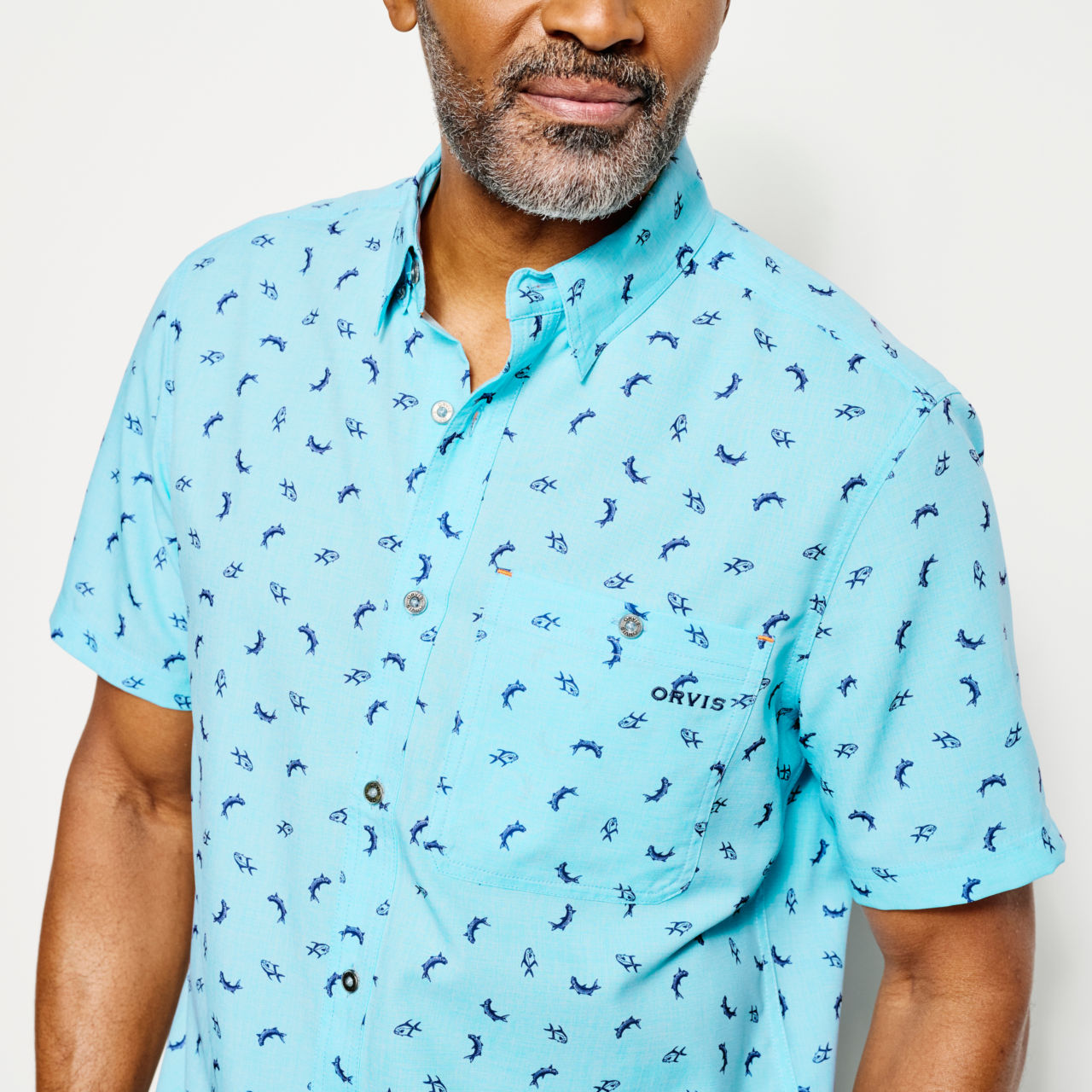 Printed Tech Chambray Short-Sleeved Shirt - DUSTY BLUE image number 4