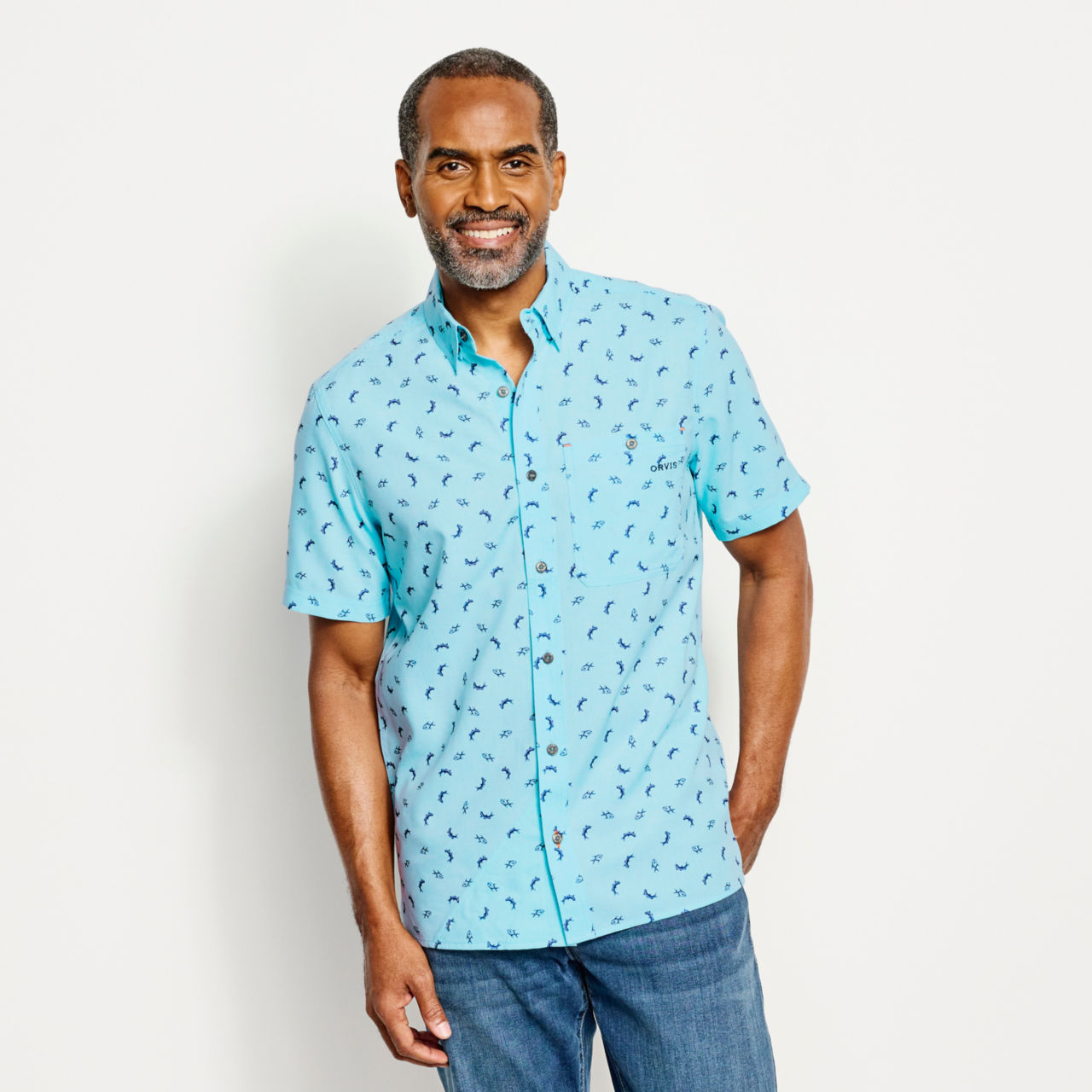 Printed Tech Chambray Short-Sleeved Shirt - DUSTY BLUE image number 1