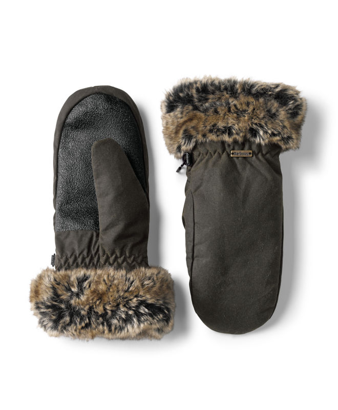 Barbour&reg; Waxed Mittens With Fur Trim - OLIVE