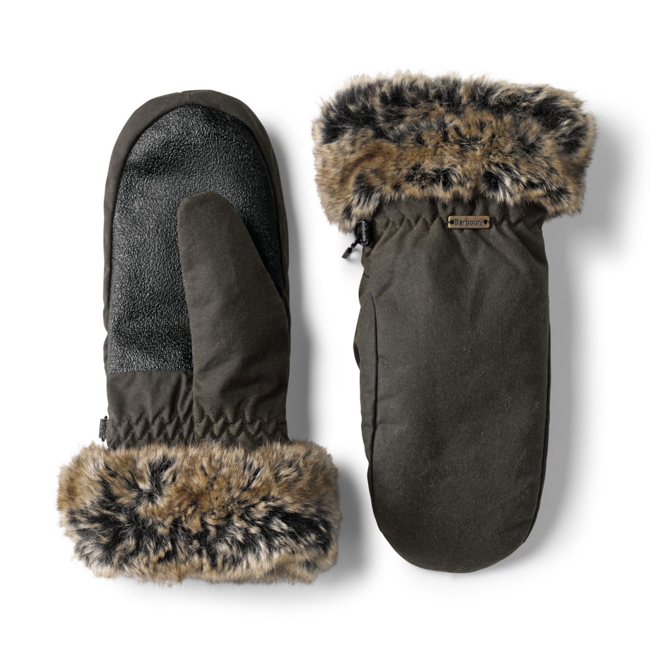 Barbour® Waxed Mittens With Fur Trim - OLIVE image number 0