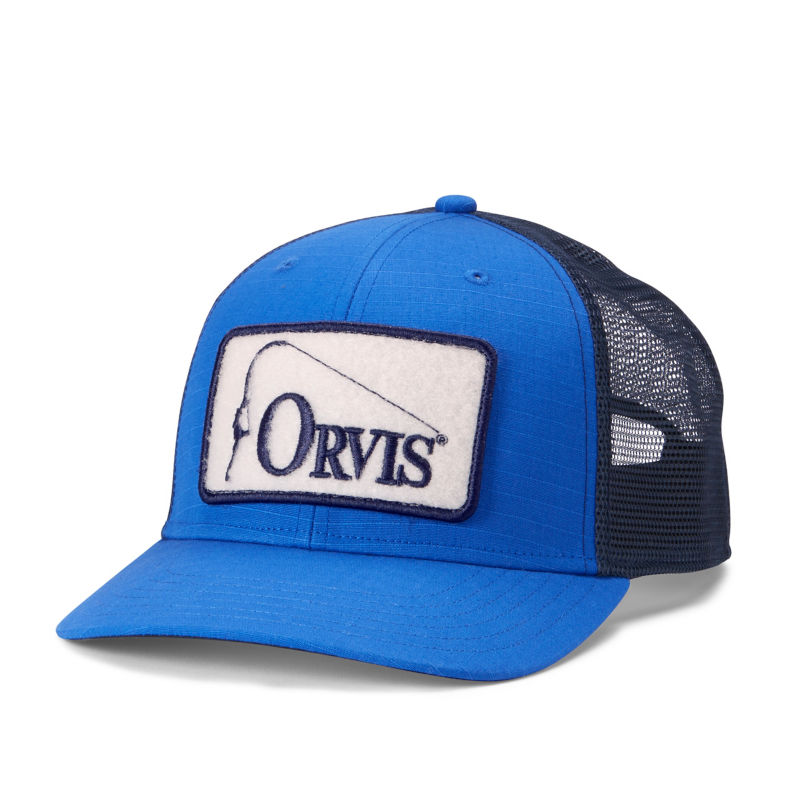 A bright blue trucker hat with an Orvis patch on the front.