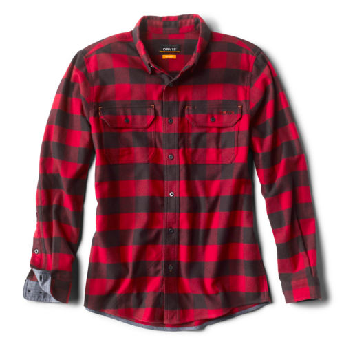A red and black plaid button-down shirt for men