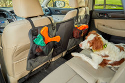 A dog in the back seat of a car with lots of dog toys