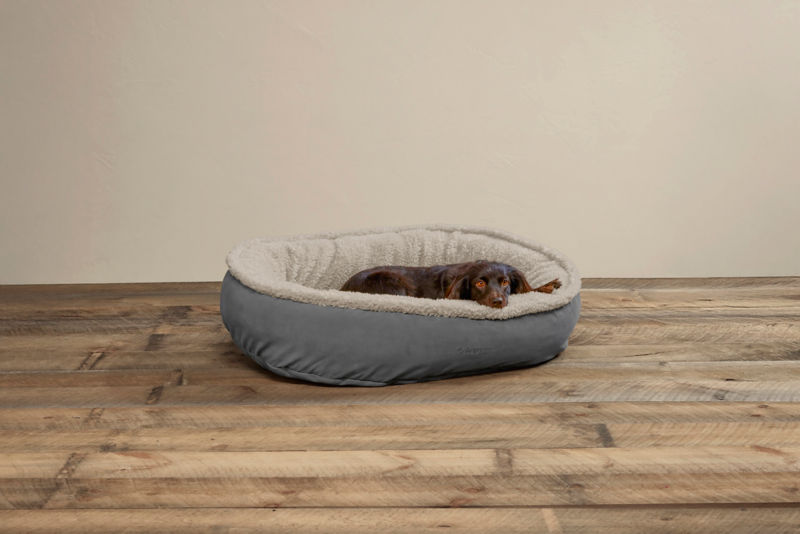 Orvis ComfortFill-Eco&trade; Wraparound Dog Bed with Fleece - GUNMETAL/KHAKI image number 0
