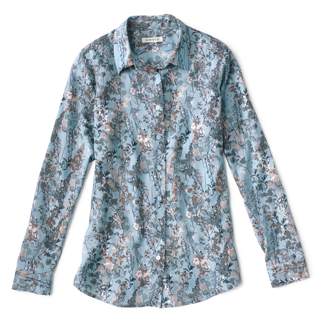 Long-Sleeved Everyday Silk Shirt - MINERAL BLUE WILD FLOWER image number 1