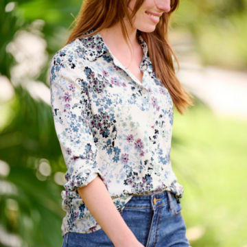 Woman in Everyday Printed Silk Shirt.