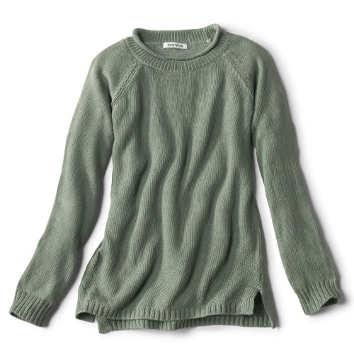 A sage green sweater with raglan sleeves