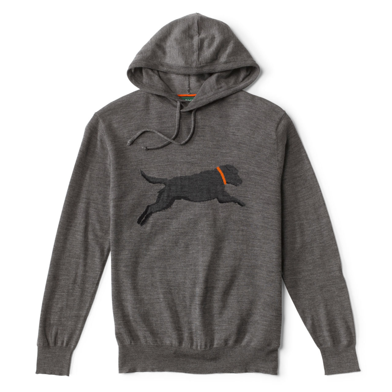 Men's Trout Merino Wool Hoodie Sweater | Charcoal with Dog | Size Medium | Orvis