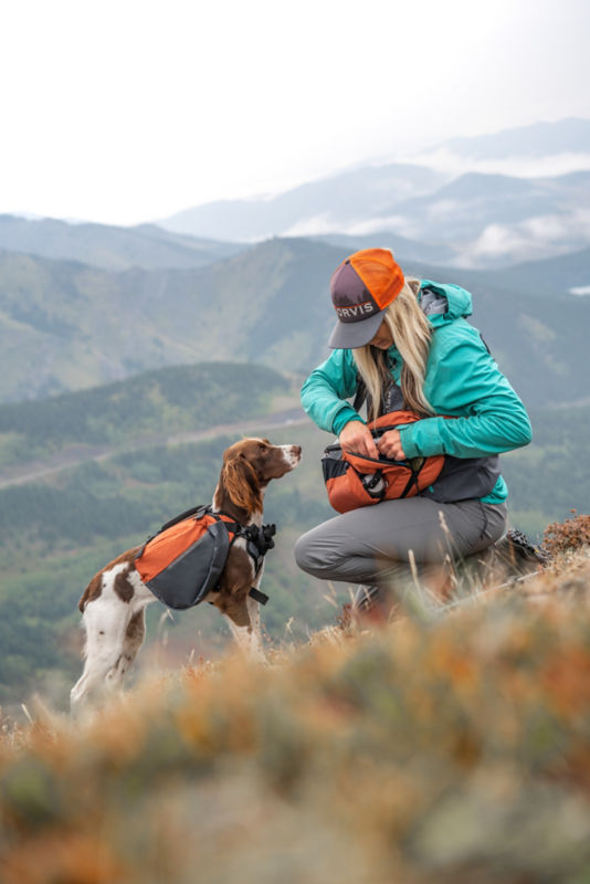 A dog wearing a pack on a hike with a woman on a mountainside.
