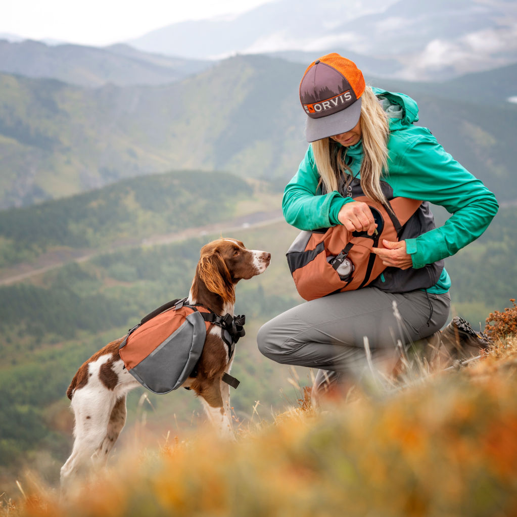 Hiker takes a moment to feed her dog as they hike a steep trail.