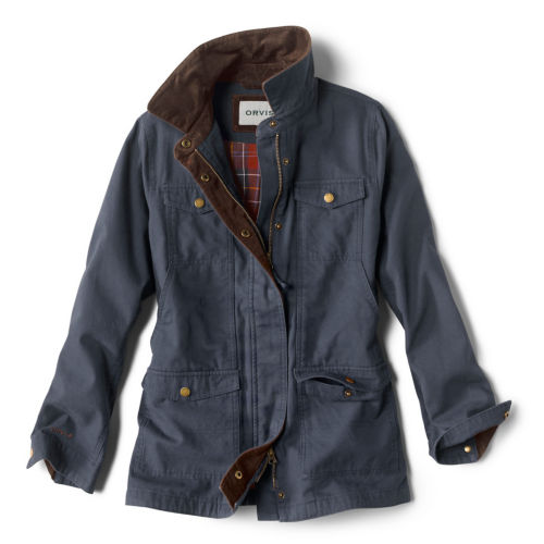 A navy blue chore jacket with brown corduroy details and a plaid lining.