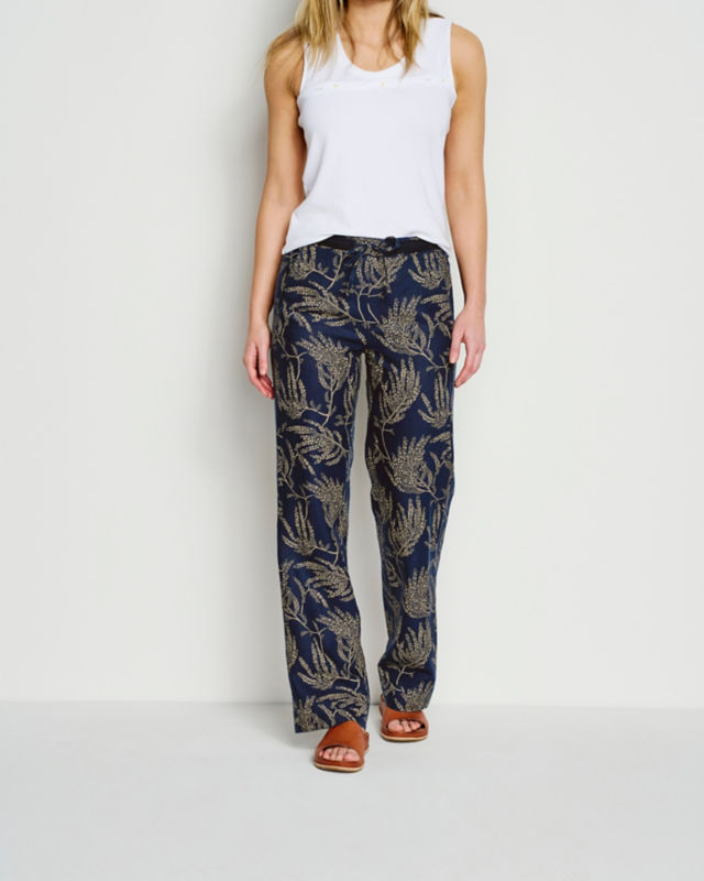 Performance Linen Relaxed Fit Wide Leg Pant - NAVY BOTANICAL PRINT