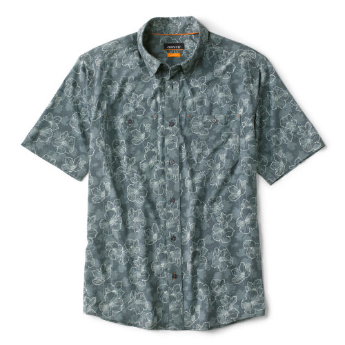 A green on green patterned short-sleeve button-down shirt.