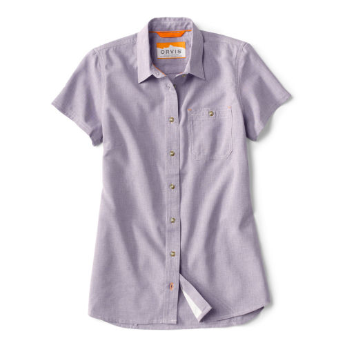 A lilac colored short sleeved button-down shirt.