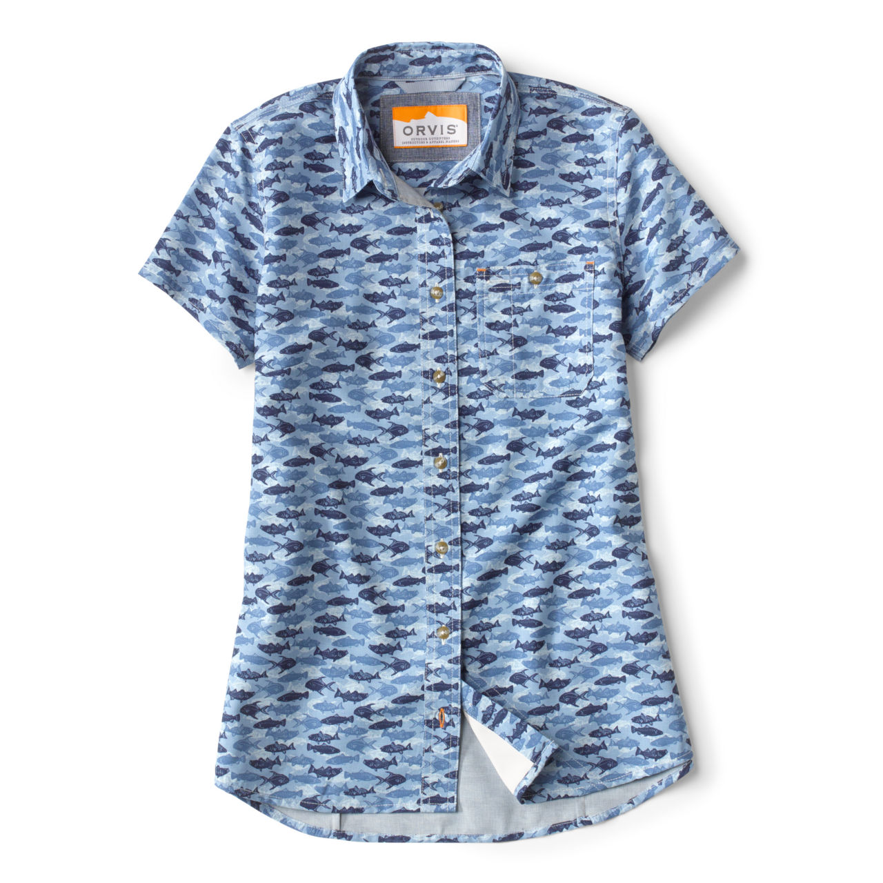 Women’s Tech Chambray Short-Sleeved Work Shirt - DUSTY BLUE FISH BLOCK CAMO image number 0