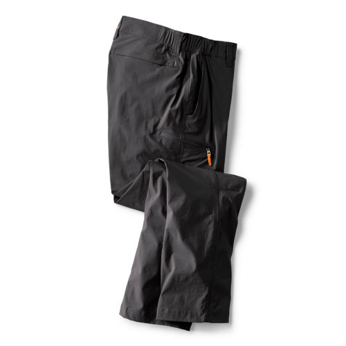 A pair of black pants with an orange zipper pull