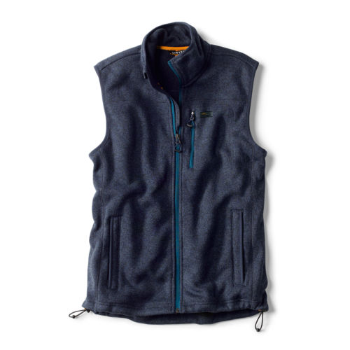 A navy blue fleece vest with bright orange details