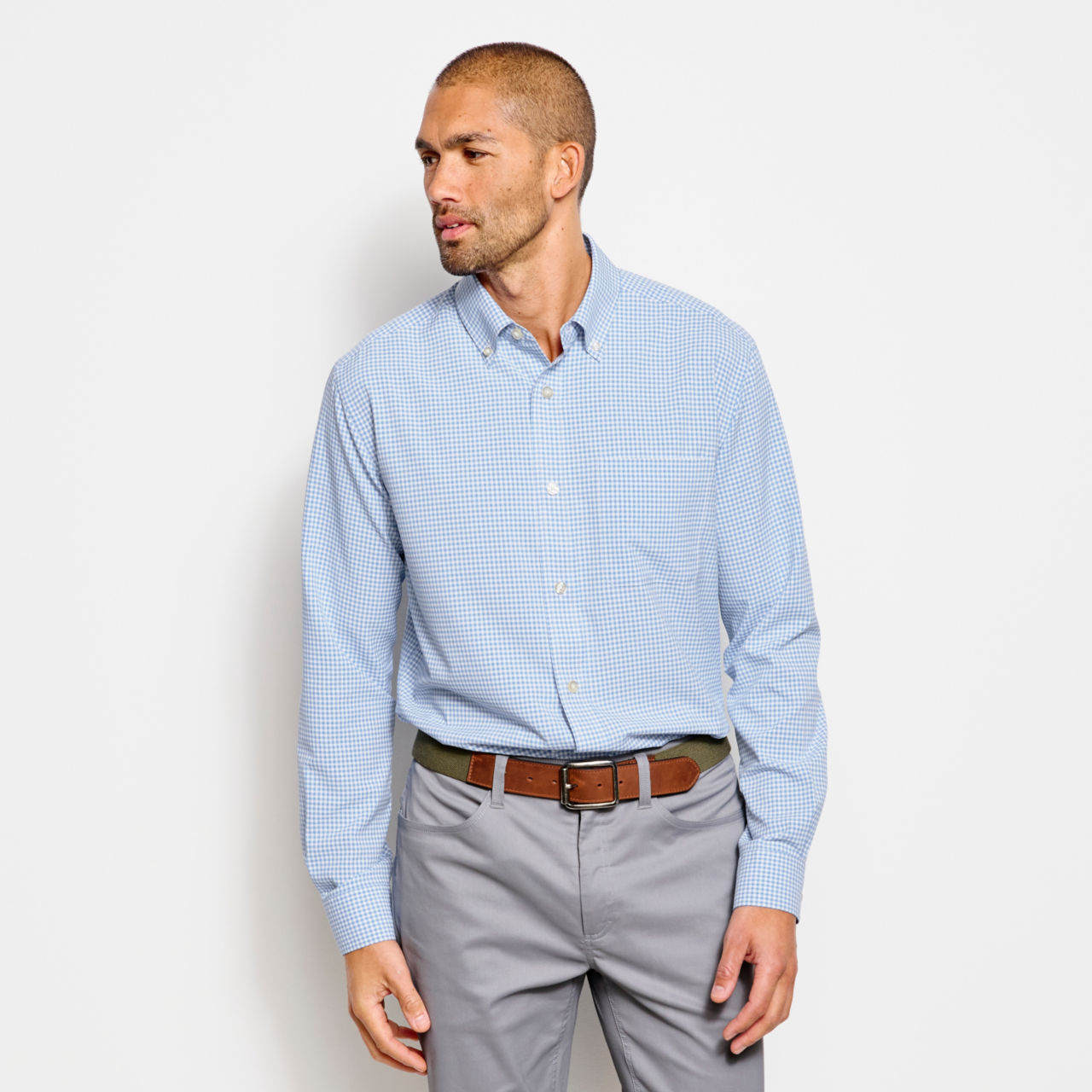 Ultralight Comfort Stretch Long-Sleeved Shirt - BLUE GINGHAM image number 1