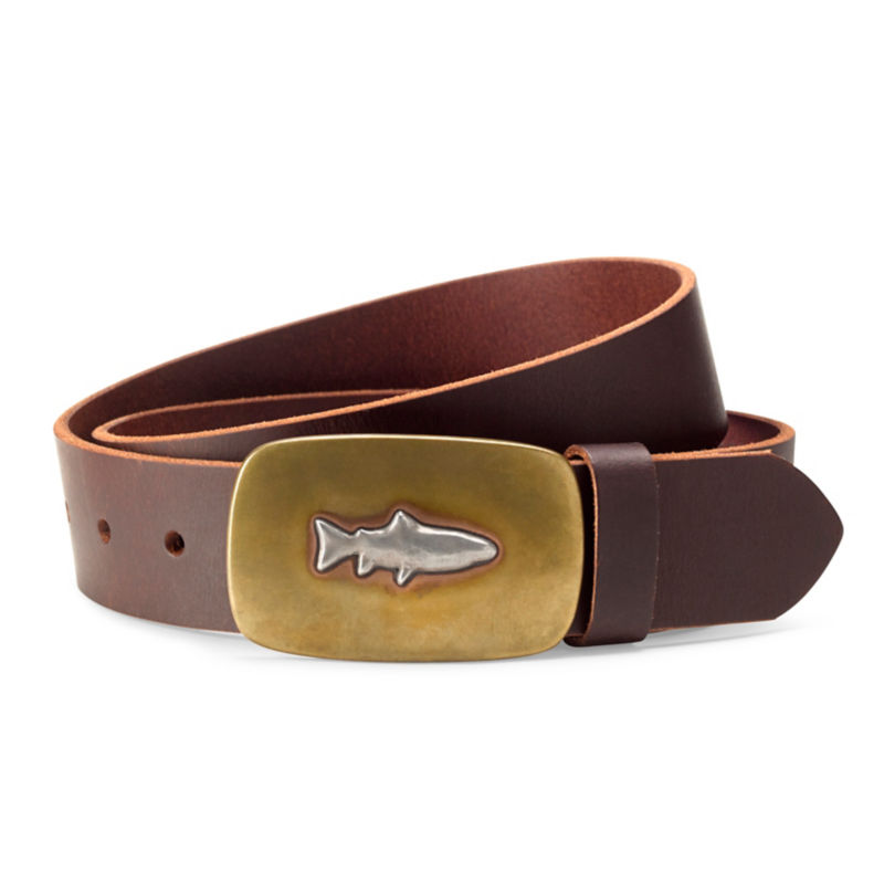 A coiled brown leather belt with a metal fish on the buckle laid on a white background.