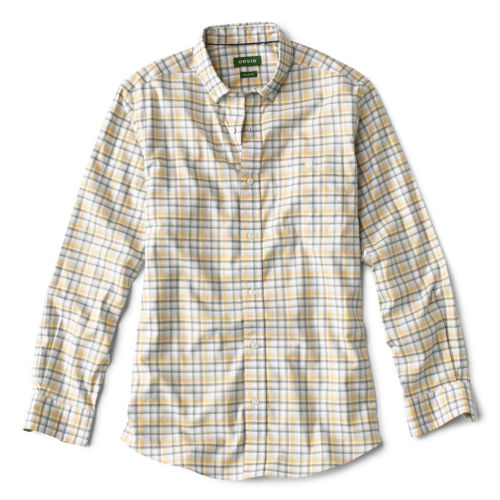A yellow and gray button-down shirt.