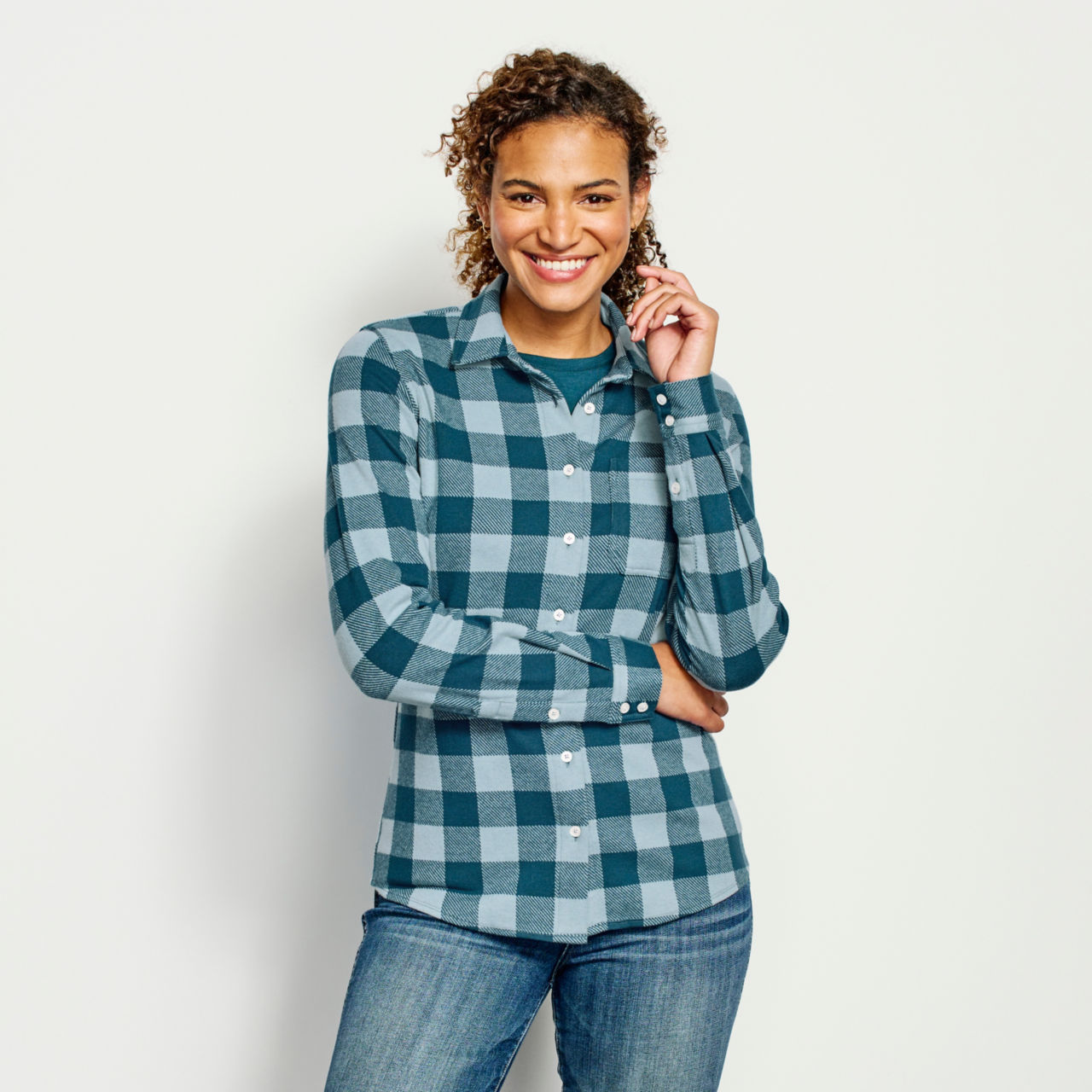 Snowy River Brushed Knit Long-Sleeved Shirt - MINERAL BLUE PLAID image number 0