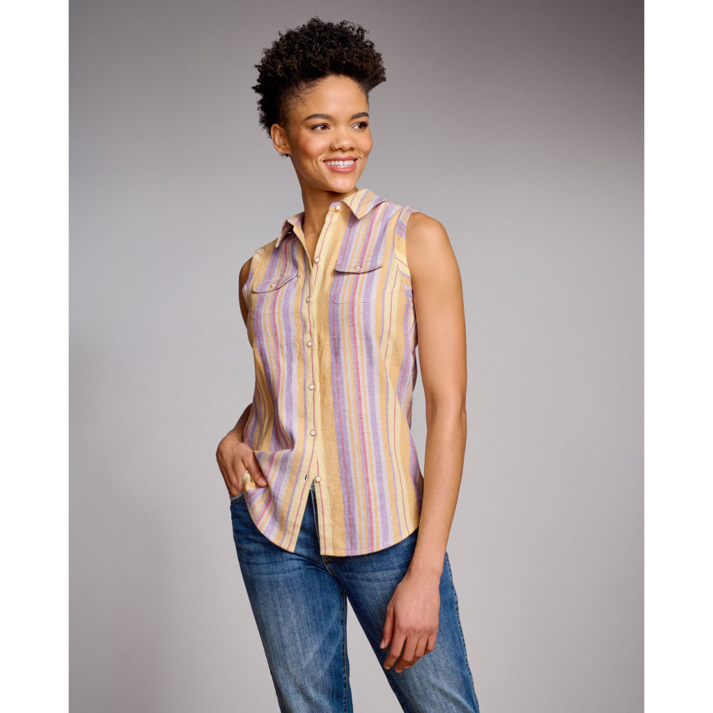 Linen-Blend Dobby Sleeveless Shirt - MULTI STRIPE image number 1