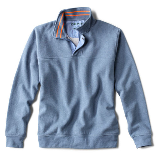 A pale blue sweatshirt with a quarter-zip collar