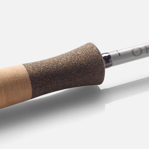 A detail shot of the cork on the butt of a new Helios Fly Rod.