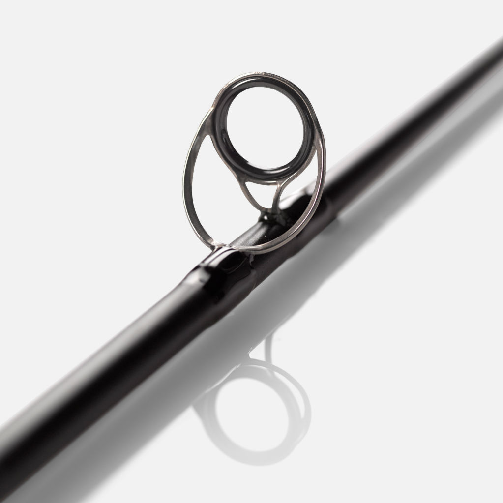 A detail shot of the fly line guide on the new Helios Fly Rod.