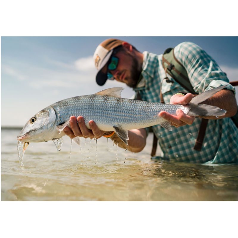 A fisherman standing in the water holding a fish above the water.