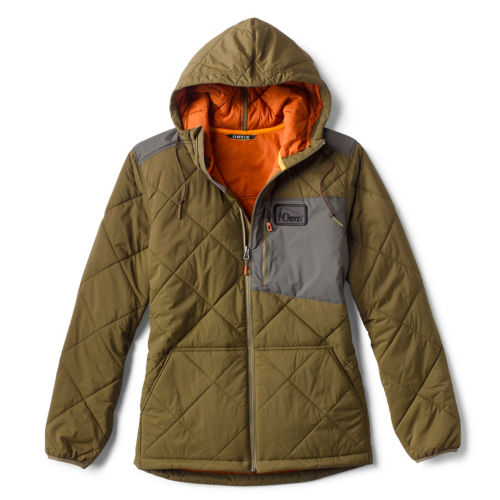 A light brown quilted jacket with hood