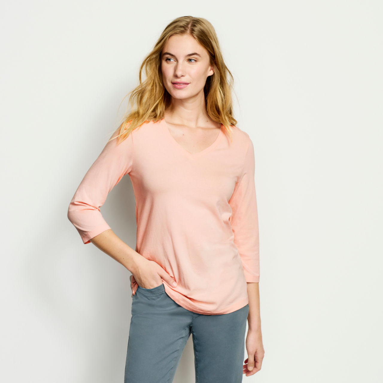 Perfect Relaxed V-Neck Three-Quarter Sleeve Tee -  image number 0