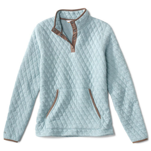 An ice blue quilted sweatshirt with mushroom-colored  accents