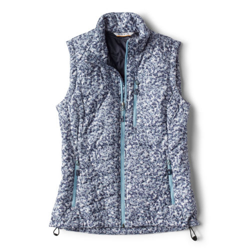 A blue and white patterned puffy vest.