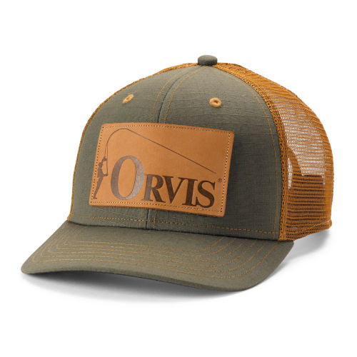An olive green and orange ballcap with Orvis logo