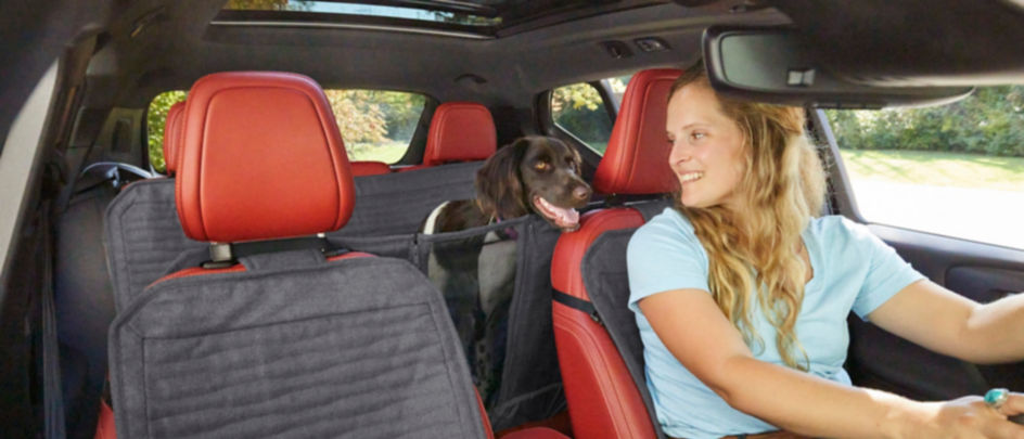 A woman in the front seat of a car looking back at her dog who is in a backseat windowed hammock seat protector.  