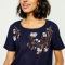 Lightweight Denim Embroidered Short-Sleeved Shirt - INDIGO FLORAL image number 3
