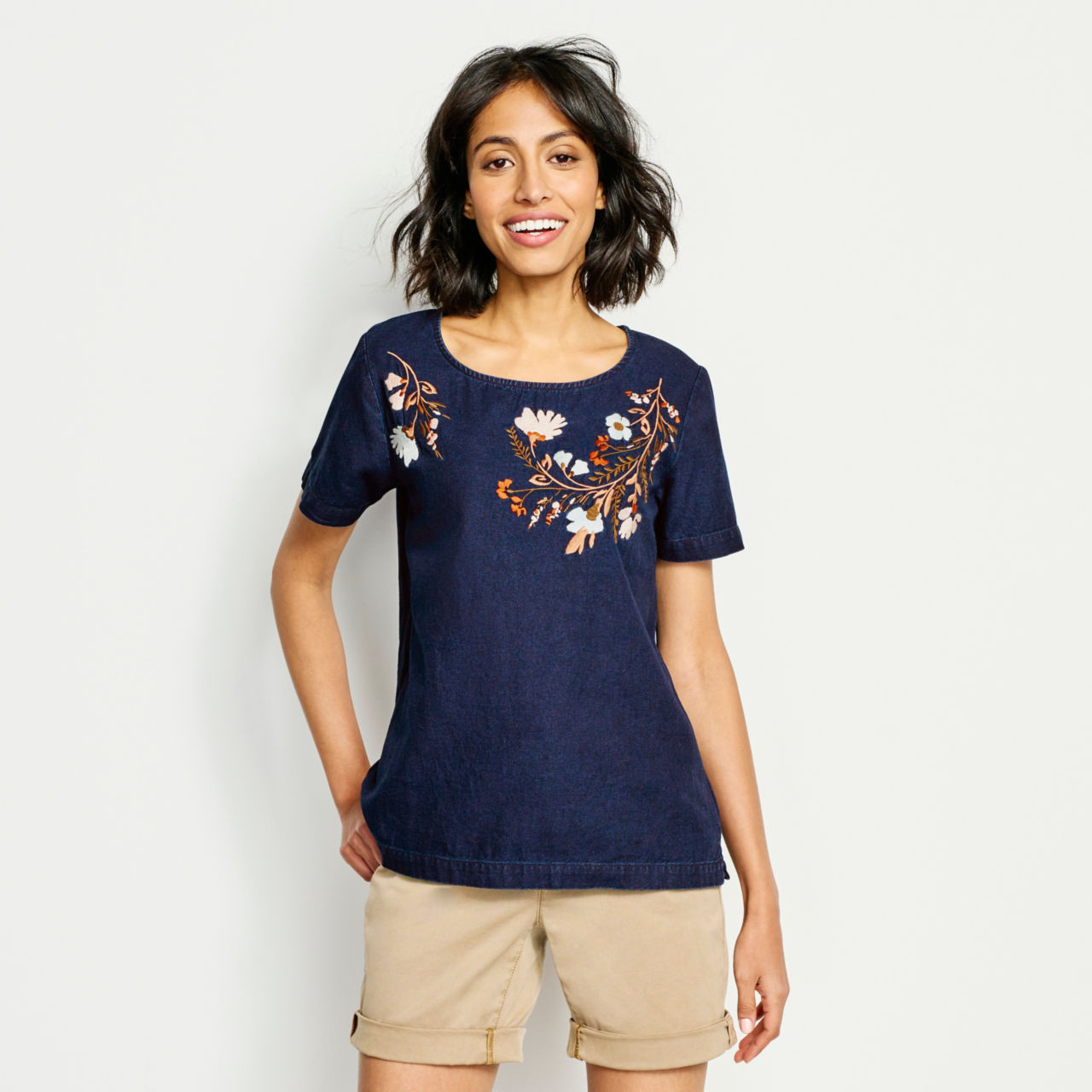 Lightweight Denim Embroidered Short-Sleeved Shirt - INDIGO FLORAL image number 0