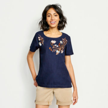 Lightweight Denim Embroidered Short-Sleeved Shirt - INDIGO FLORALimage number 0