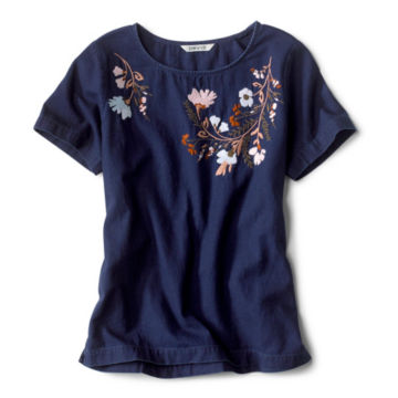Lightweight Denim Embroidered Short-Sleeved Shirt - INDIGO FLORALimage number 4