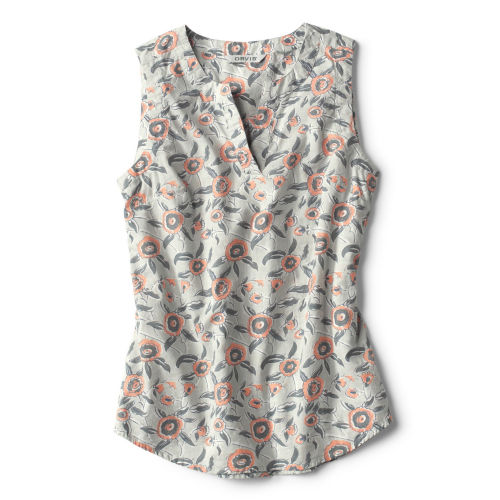 A flower-print tank camp shirt in blush and sage.