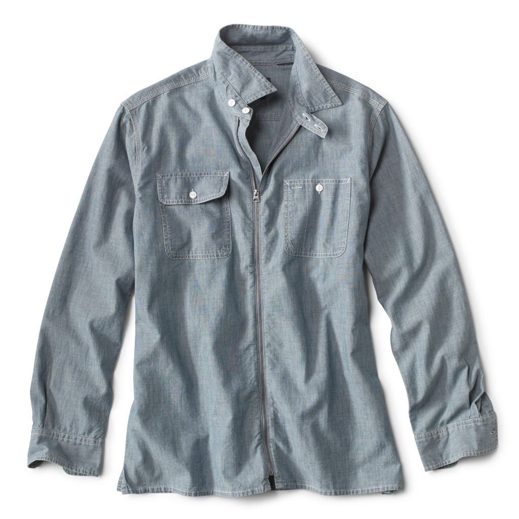 Chambray Zip Long-Sleeved Shirt Jacket - LIGHT BLUE image number 0