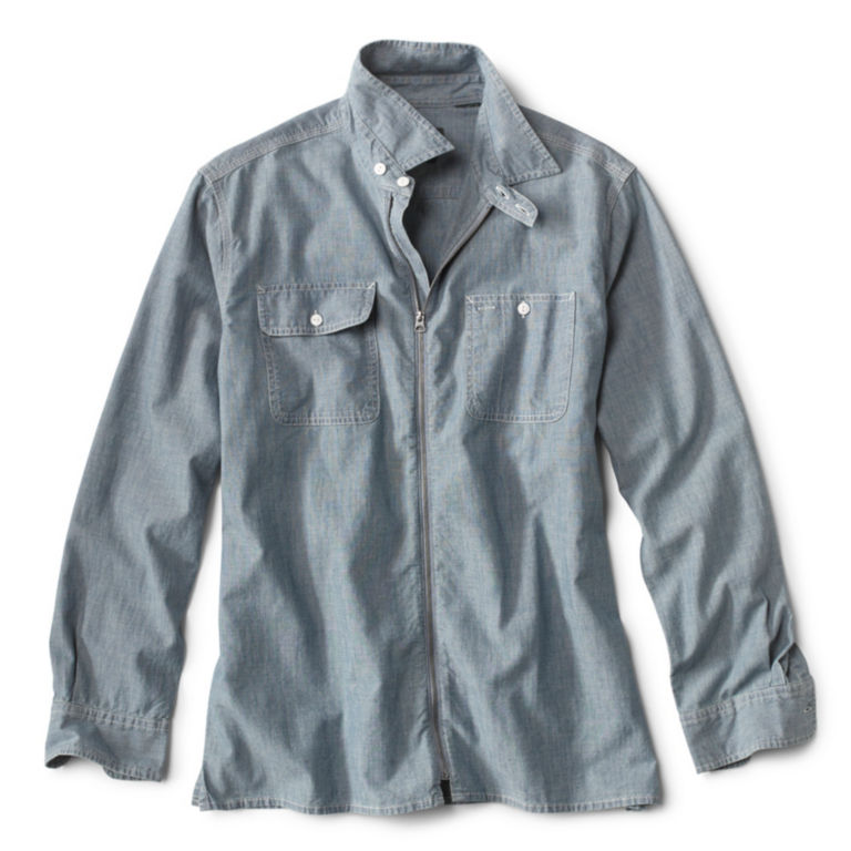 Chambray Zip Long-Sleeved Shirt Jacket - LIGHT BLUE image number 0
