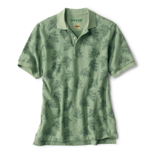 A green-on-green patterned polo shirt.