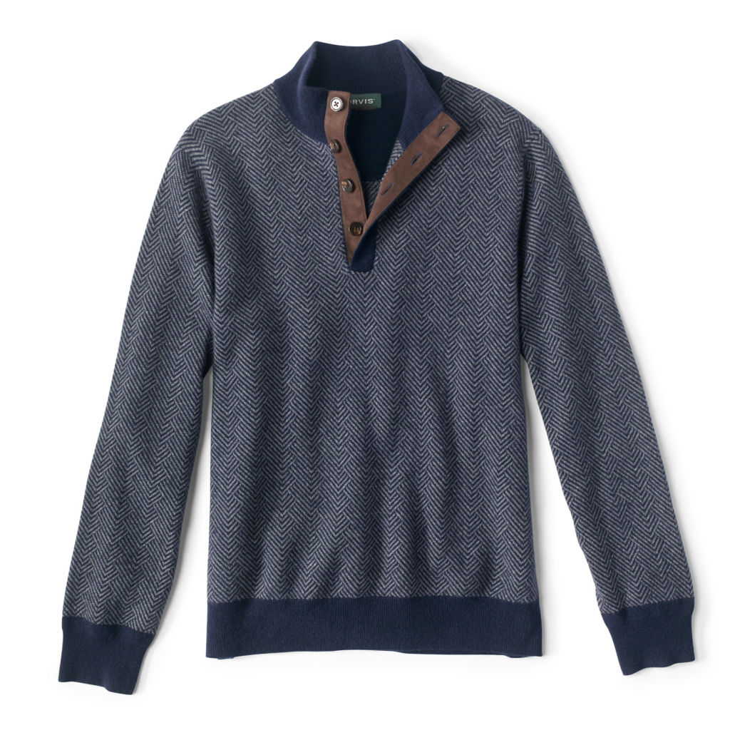 Broken-Herringbone Cashmere Button Mockneck Sweater - NAVY/GREY image number 0