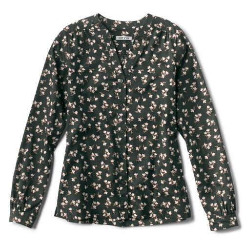 A flowered Camp Shirt with a forest green background.