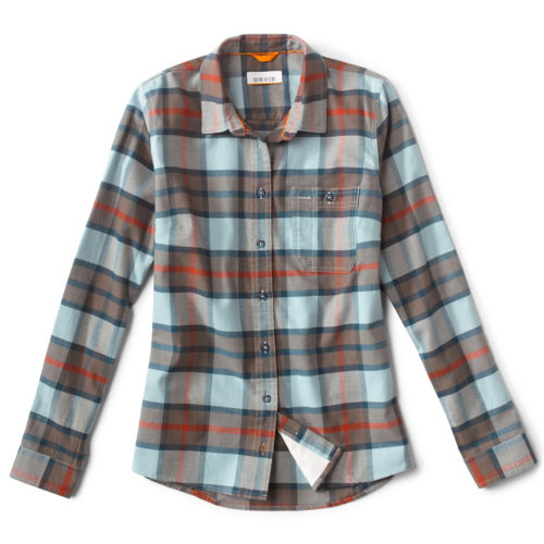 A blue and brown flannel button-down shirt.