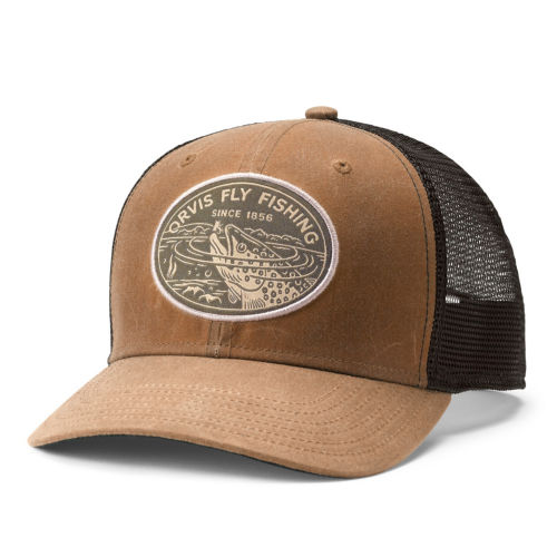 A brown trucker cap with an Orvis logo on the front.